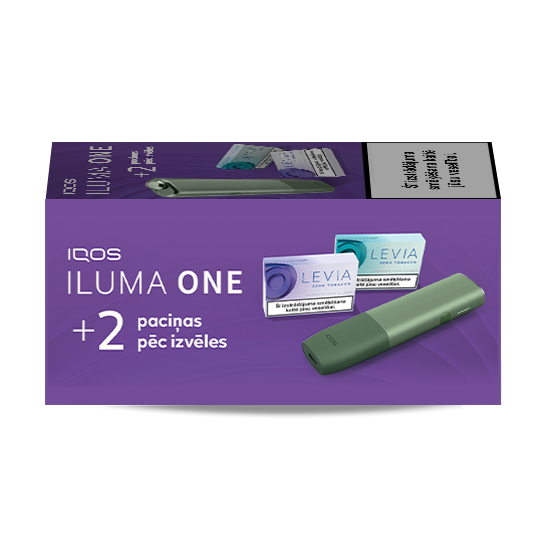 IQOS ILUMA ONE ierīce Moss Green krāsā un 2 LEVIA paciņas